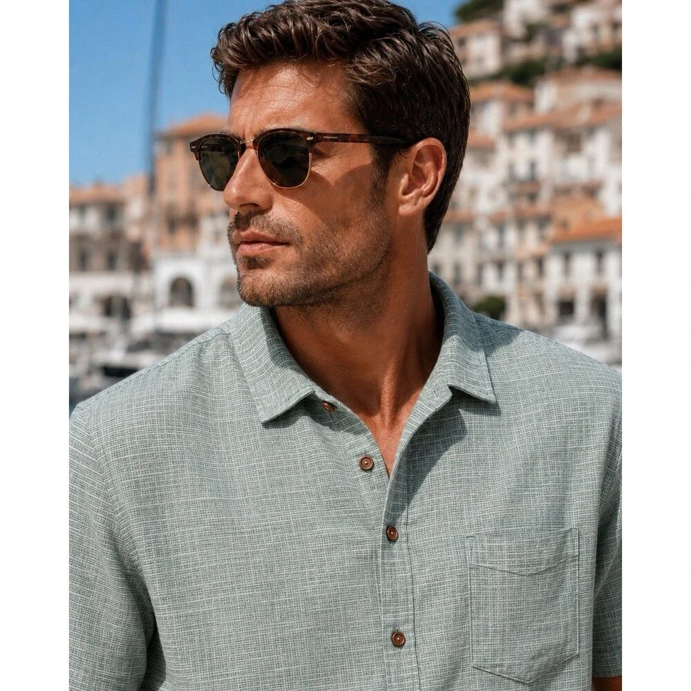 J Crew Mens XL Short Sleeve‎ Slub Dobby Shirt Sage Green Woven Button Up Resort